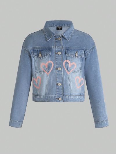 Teen Girls' Denim Jacket And Coat, Casual Fashionable Pink Heart Graffiti Print Denim Jacket Outerwear