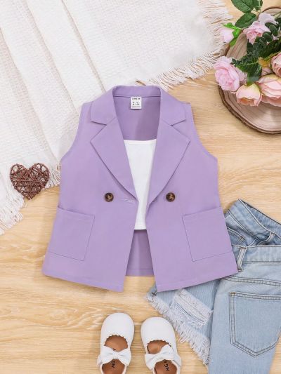 SHEIN Baby Girls' Casual Purple Suit Vest With Lapel Collar Jacket