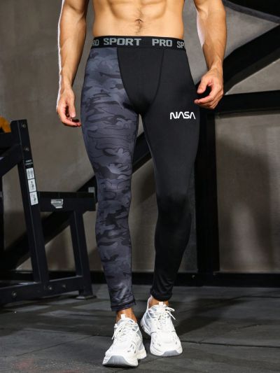Fitness Men Camo & Letter Graphic Sports Tights
