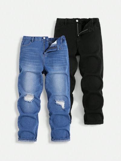 SHEIN Teen Boys' Casual Black Plus Blue Color Washed Distressed Denim Jeans And Pants Set