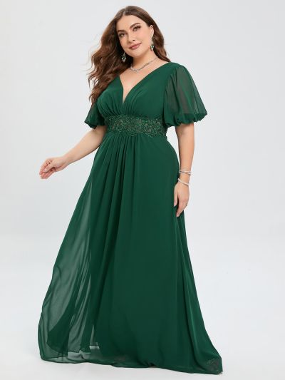 Plus Contrast Sequin Plunging Neck Puff Sleeve Bridesmaid Dress
