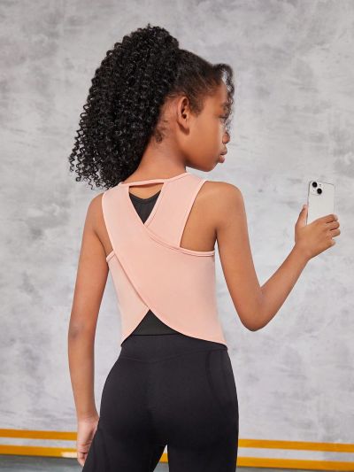 SHEIN Tween Girls' Knitted Color Block Round Neck Cross Back Sports Tank Top