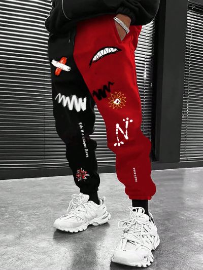 Men Cartoon & Letter Graphic Two Tone Drawstring Waist Sweatpants
