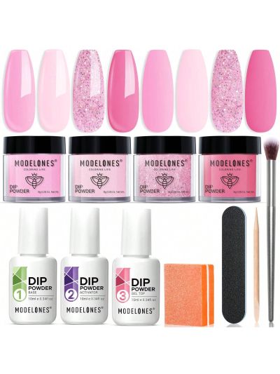 Modelones Dip Powder Nail Kit Starter, 4 Colors Light Hot Pink Glitter Dipping Powder Essential Liquid Set with Base Top Coat Activator French Nail Art Manicure DIY Salon All-in-One Beginner Kit Gift
