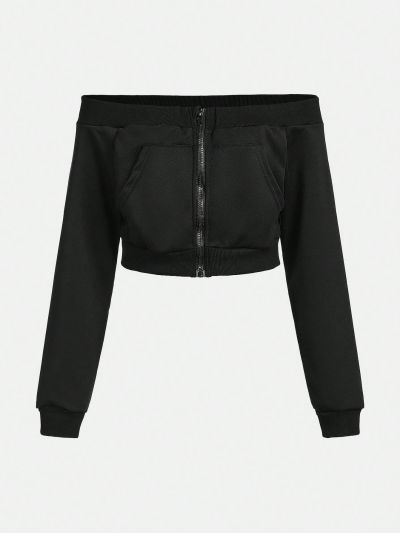 Teen Girl's Zipper Front One-Shoulder Long Sleeve Sweatshirt