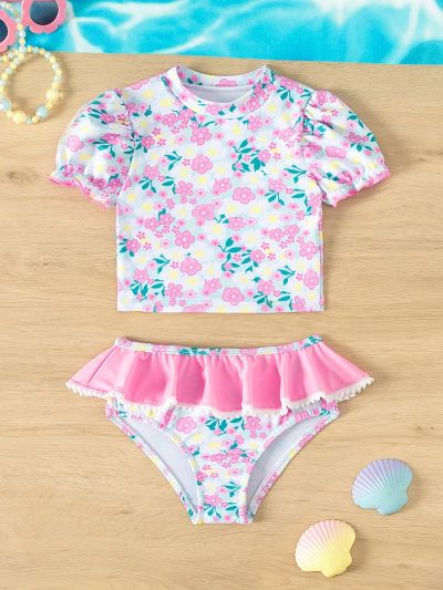 Baby Girl Flower Print Sun Protection Swimsuit Set For Summer Vacation