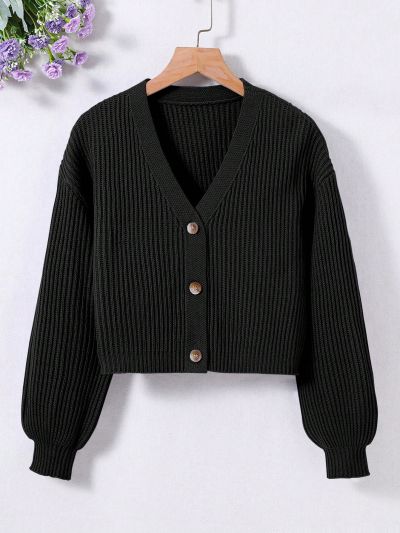 Big Girls' Black V-neck Long Sleeve Cardigan With Buttons