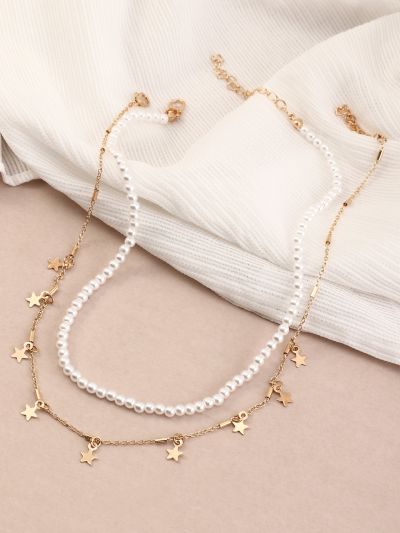 2pcs Faux Pearl Beaded Necklace