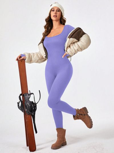 Yoga Basic 1pc Solid Color Long Sleeve Bodysuit Sports Jumpsuit