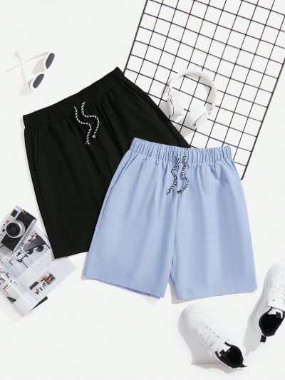 SHEIN Teen Boys' Casual Woven Solid Color Drawstring Shorts, Multicolor Multipack