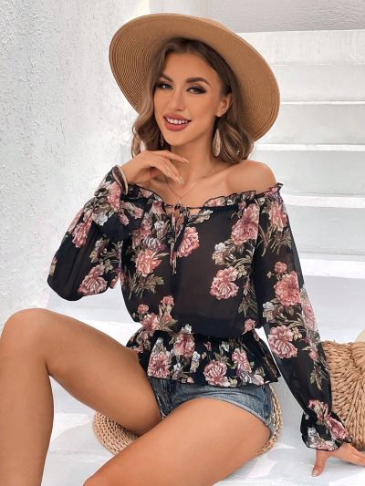 SHEIN VCAY Flower Pattern Off Shoulder Vacation Shirt
