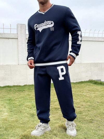 Manfinity Sporsity Men's Plus Size Letter Print V-Neck Long Sleeve Sweatshirt And Pants Set