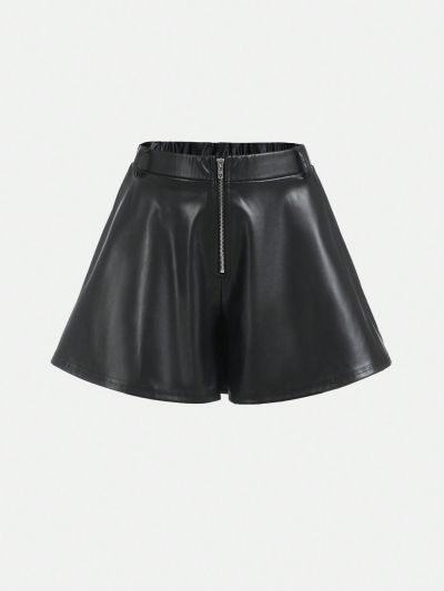 SHEIN Tween Girls' Woven Solid Color Pu Leather Loose Fit Casual Shorts