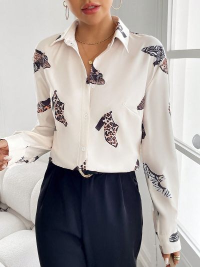 SHEIN Privé Women's High Heel Shoes Print Drop Shoulder Blouse