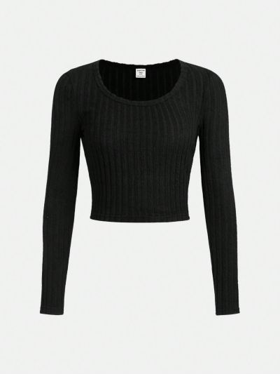 SHEIN Teen Girls' Knitted Ribbed Round Neck Casual Long Sleeve T-shirt