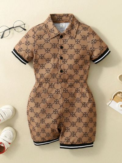 SHEIN Kids Academe Young Boys' Daily Comfortable Fashionable Printed Polo Collar Short Sleeve Romper, Spring/Summer