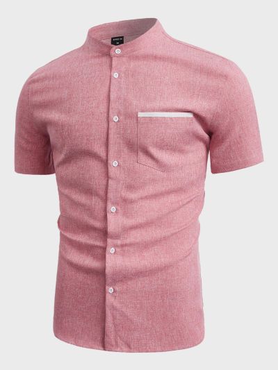 SHEIN Teen Boys' Casual Stand Collar Stitching & Weaving Trim Short Sleeve Shirt With Chest Pockets