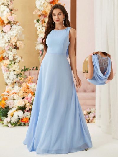 SHEIN Belle Adult Bridesmaid Dress With Lace Splice And Cowl Neckline, Full Swing Skirt