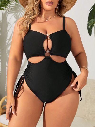 SHEIN Swim Curve Plus Size Round Loop Detail Hollow Out Side Drawstring One-Piece Swimsuit