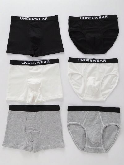 6pcs/set Teenage Boys' Boxer Briefs With Text And Woven Band