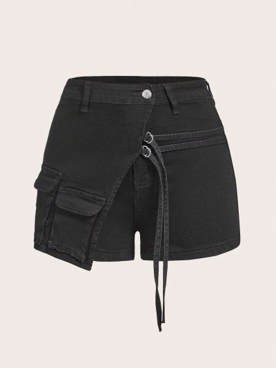 SHEIN ICON Women's Striped Decorated Utility Denim Shorts