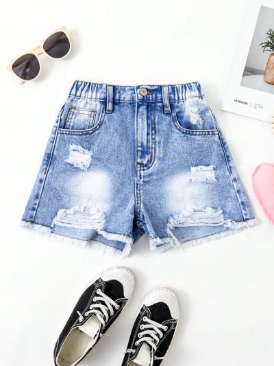 Girls' (Big) Denim Shorts, New Arrival Casual Frayed Hem & Distressed Washed Jeans Shorts