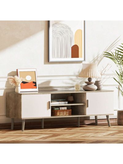 SUPERJARE TV Stand for 55 Inch TV, Entertainment Center with Adjustable Shelf,  2 Cabinets, Solid Wood Feet, 4 Cord Holes