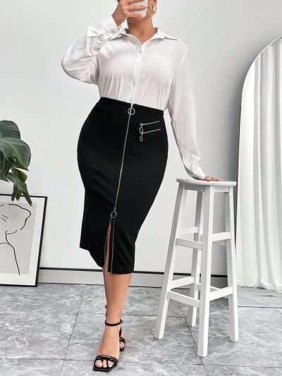 SHEIN Privé Plus Size Women'S Zipper Front Skirt