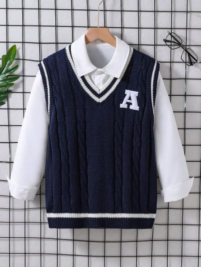 Boys' Teenagers' Contrast Stripe & Letter Embroidery Patch Sweater Vest