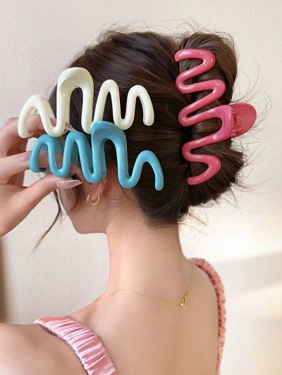 1pc Large Peach Pink Hair Clamp With 13cm Long Teeth For Thick Hair, Wave Design, Bun Clip Shark Clip Hair Accessory