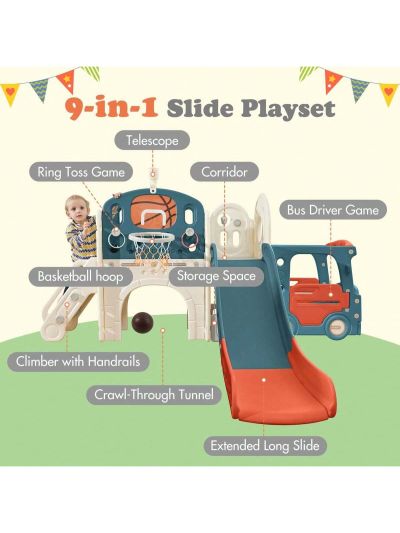 Merax Kids Slide Playset Structure 9 in 1, Freestanding Castle Climbing Crawling Playhouse with Slide, Arch Tunnel, Ring Toss, Realistic Bus Model and Basketball Hoop, Toy Storage Organizer for Toddlers
