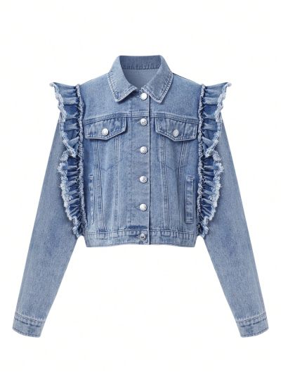 Teen Girl Ruffle Trim Button Front Denim Jacket