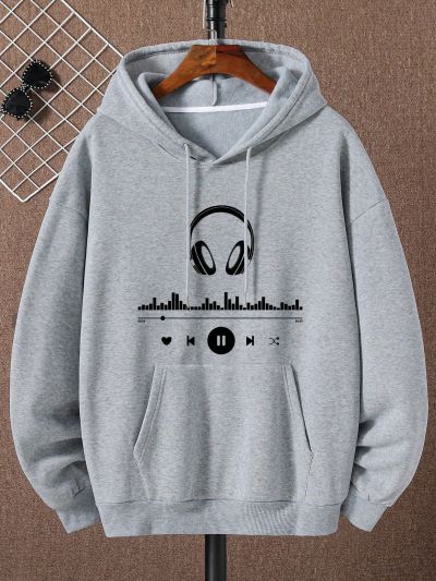 Men'S Plus Size Hooded Sweatshirt With Printed Design And Warm Inner Lining