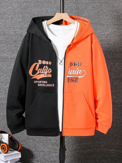 Teen Boys' Letter Printed Hooded Zippered Casual Sweatshirt