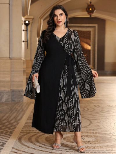 SHEIN Najma Plus Size Embroidery Patchwork Wrap Dress With Belt