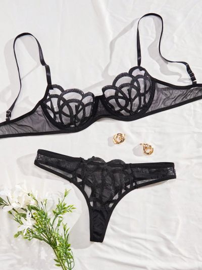 Ladies' Embroidered Mesh Lingerie Set