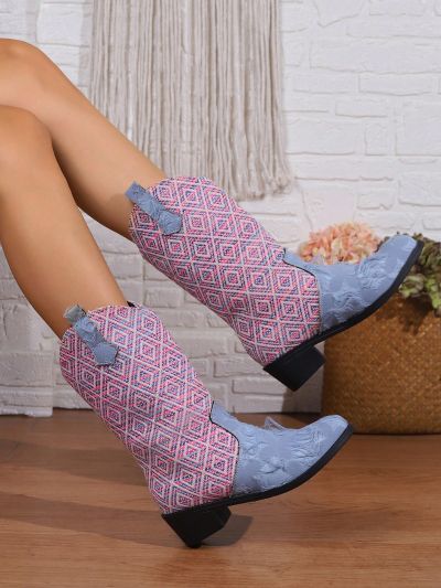 Women's Bohemian Style Diamond Checkered Stitching V-cut Chunky Heel Mid-calf Boots For Spring And Autumn