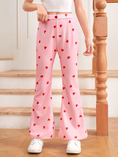 SHEIN Girls' Knitted Solid Color Bell Bottom Pants With Heart Pattern