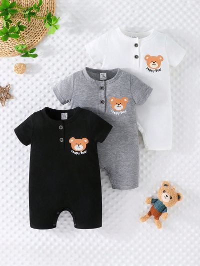 3pcs/Set Baby Boy Cute Bear Printed Short Sleeves Rompers With Shorts For Summer
