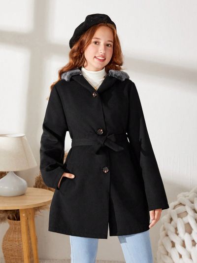 Teen Girl Button Front Fuzzy Trim Hooded Belted Overcoat