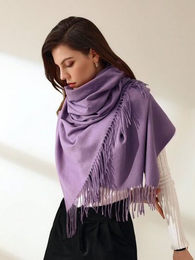 1pc Women's Light Purple Fringe Faux Cashmere Warm Versatile Oversized Scarf Shawl Suitable For Daily Use