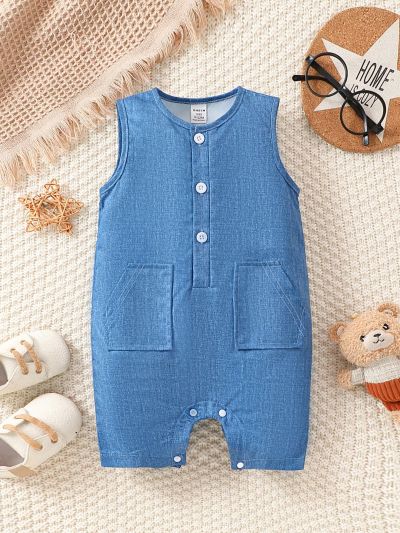 Baby Boys' Woven Denim-look Printed Half Button Ruffle Romper, Casual And Fashionable