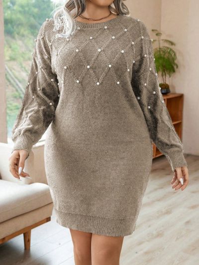 SHEIN Privé Plus Size Pearl Stud Embellished Knit Sweater Dress (belt Not Included)