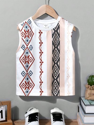 SHEIN Kids EVRYDAY Young Boy's Casual And Comfortable Geometric Pattern Sleeveless Top With Round Neckline For Spring And Summer