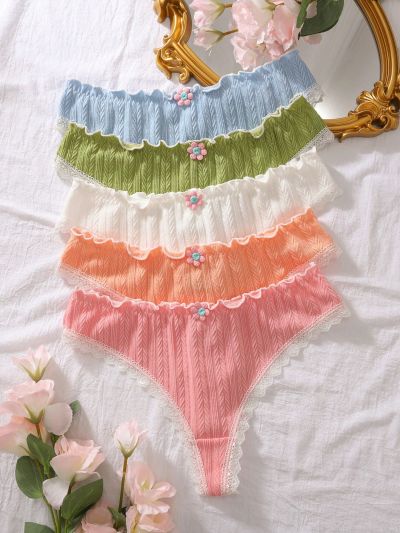 Ladies' 3d Flower Decorated Thong Panties With Scalloped Trim