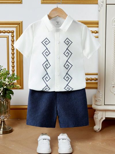 SHEIN Kids FANZEY Young Boys' Matching Geometric Pattern Notched Collar Shirt And Shorts Set, Gentleman Style Clothing