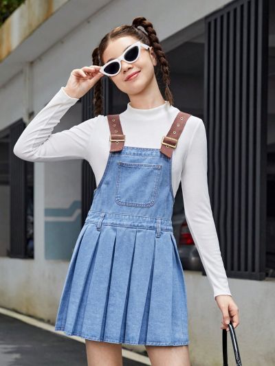 SHEIN Teen Girls' Casual Denim Overall Dress With Pleated Hem