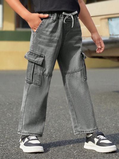 SHEIN Young Boy's Streetwear Style Elastic Waist Casual Fashion Jeans With Multiple Pockets