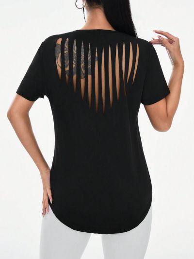 Solid Color Hollow Out Back Arc Hem Sports T-Shirt