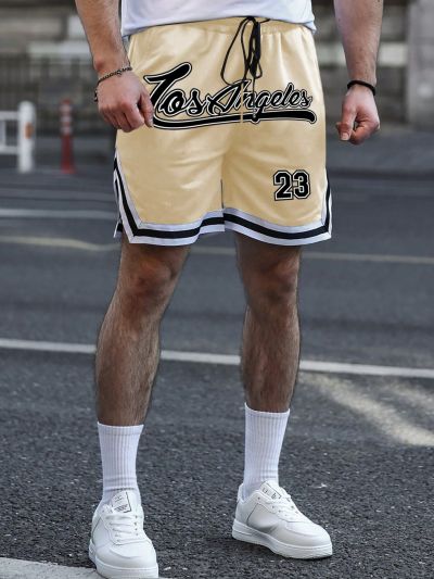 Extended Sizes Men Plus Letter Graphic Contrast Tape Drawstring Waist Shorts